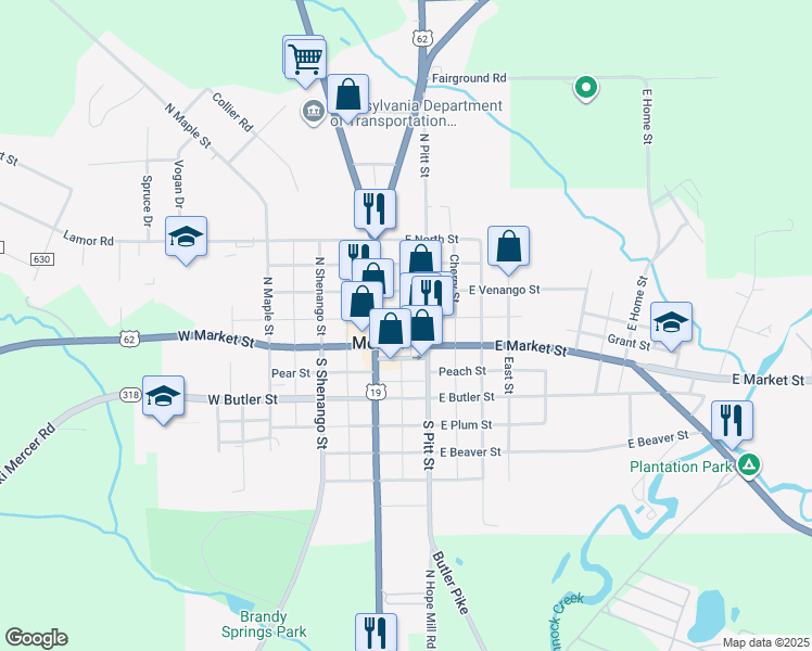 map of restaurants, bars, coffee shops, grocery stores, and more near 127 North Diamond Street in Mercer