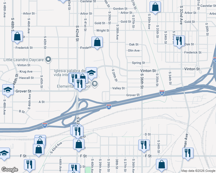 map of restaurants, bars, coffee shops, grocery stores, and more near 3260 South 40th Street in Omaha