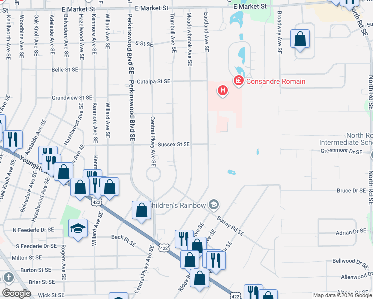 map of restaurants, bars, coffee shops, grocery stores, and more near 1025 Meadowbrook Avenue Southeast in Warren