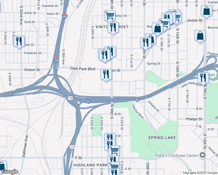 map of restaurants, bars, coffee shops, grocery stores, and more near 3328 South 24th Street in Omaha