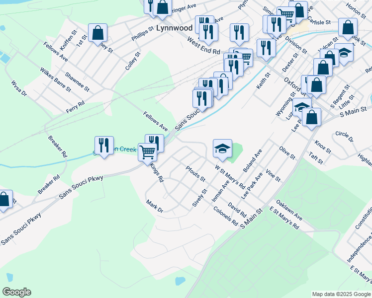 map of restaurants, bars, coffee shops, grocery stores, and more near 4 Myrtle Avenue in Wilkes-Barre