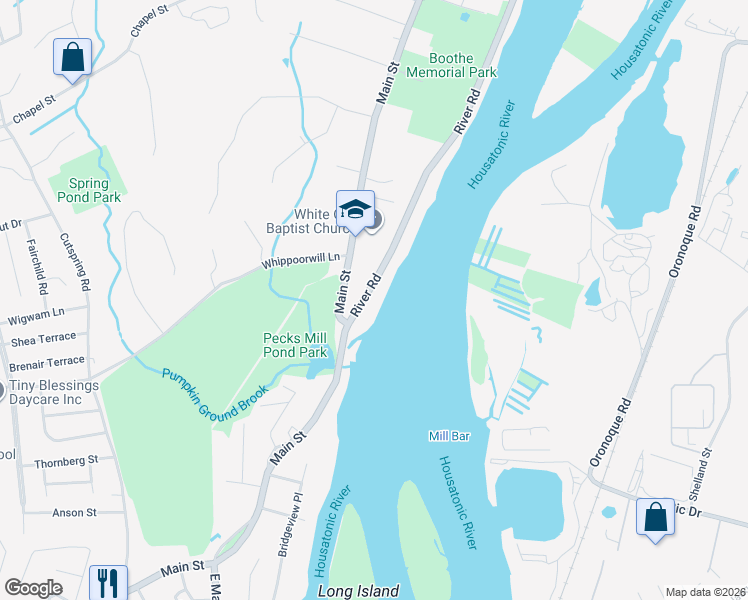 map of restaurants, bars, coffee shops, grocery stores, and more near 180 River Road in Stratford