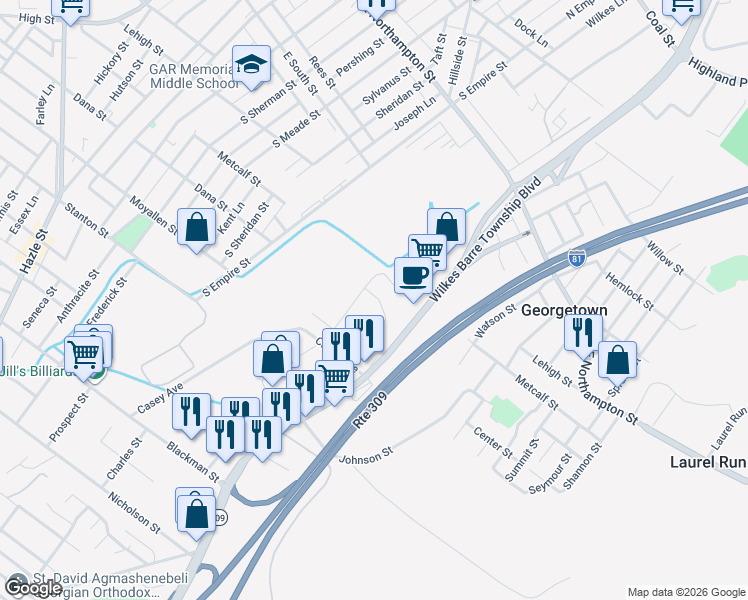 map of restaurants, bars, coffee shops, grocery stores, and more near 2-98 Almond St in Wilkes-Barre Township