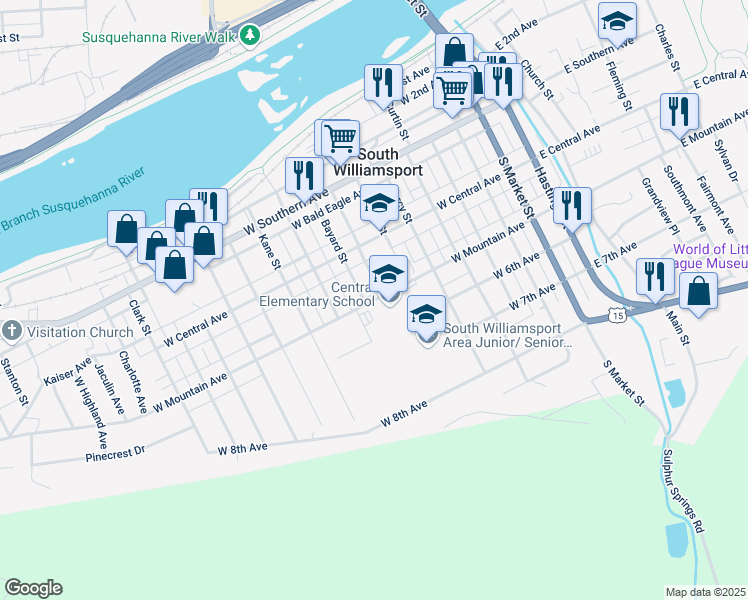 map of restaurants, bars, coffee shops, grocery stores, and more near 555 West Mountain Avenue in South Williamsport