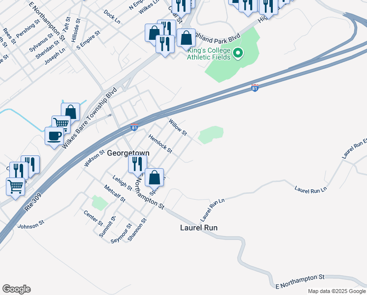 map of restaurants, bars, coffee shops, grocery stores, and more near 1110 Spruce Street in Georgetown