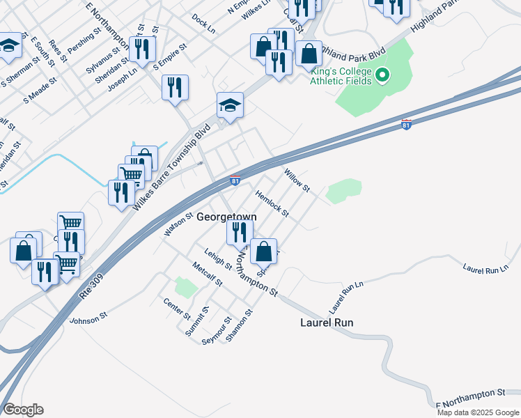map of restaurants, bars, coffee shops, grocery stores, and more near 50 Marcy Street in Wilkes-Barre Township