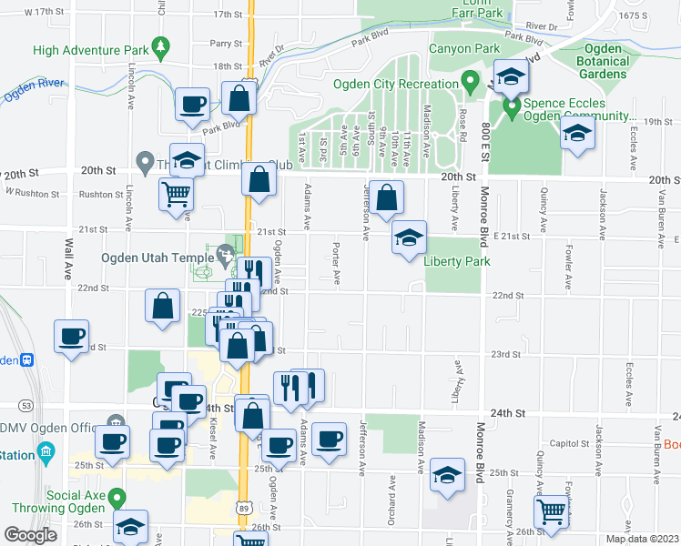 map of restaurants, bars, coffee shops, grocery stores, and more near 2170 Porter Avenue in Ogden
