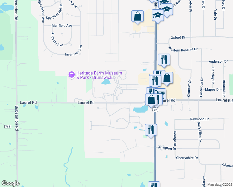 map of restaurants, bars, coffee shops, grocery stores, and more near 1747 Stoneybrook Lane in Brunswick