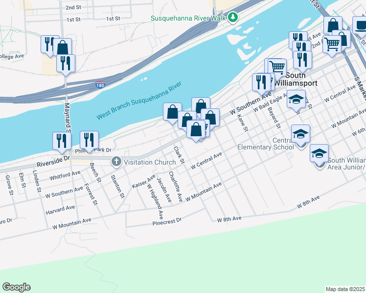 map of restaurants, bars, coffee shops, grocery stores, and more near W Bald Eagle Ave in South Williamsport