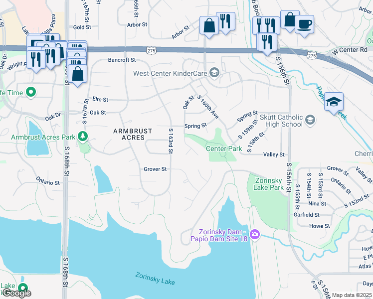 map of restaurants, bars, coffee shops, grocery stores, and more near 16206 Valley Circle in Omaha