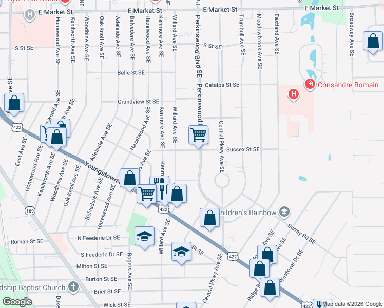 map of restaurants, bars, coffee shops, grocery stores, and more near 2668 Sussex Street Southeast in Warren