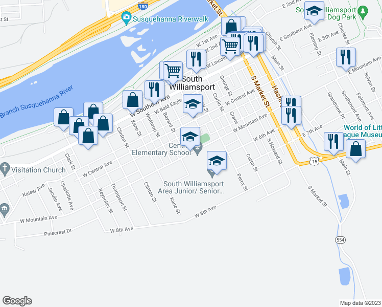 map of restaurants, bars, coffee shops, grocery stores, and more near 555 West Mountain Avenue in South Williamsport