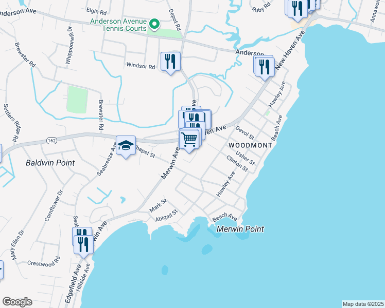 map of restaurants, bars, coffee shops, grocery stores, and more near 1381 New Haven Avenue in Milford