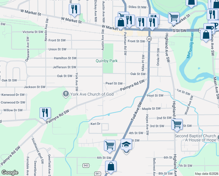 map of restaurants, bars, coffee shops, grocery stores, and more near 1320 Palmyra Road Southwest in Warren