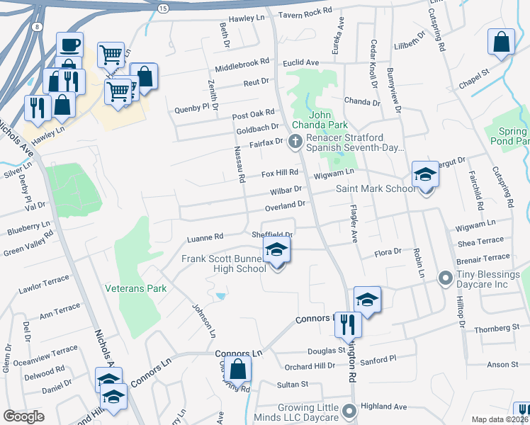 map of restaurants, bars, coffee shops, grocery stores, and more near 145 Overland Drive in Stratford