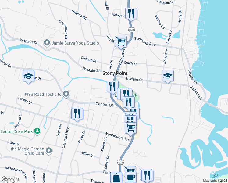 map of restaurants, bars, coffee shops, grocery stores, and more near 2 South Liberty Drive in Stony Point