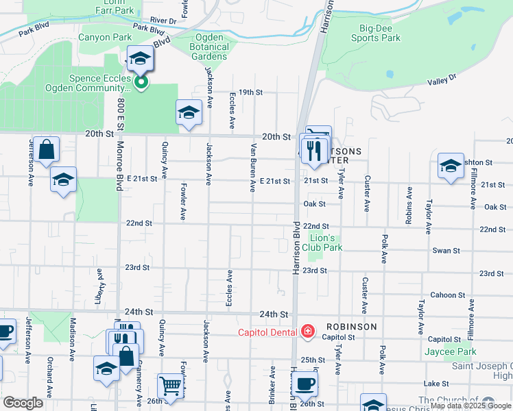 map of restaurants, bars, coffee shops, grocery stores, and more near 2155 Van Buren Avenue in Ogden