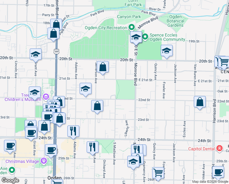 map of restaurants, bars, coffee shops, grocery stores, and more near 2150-2198 Madison Ave in Ogden