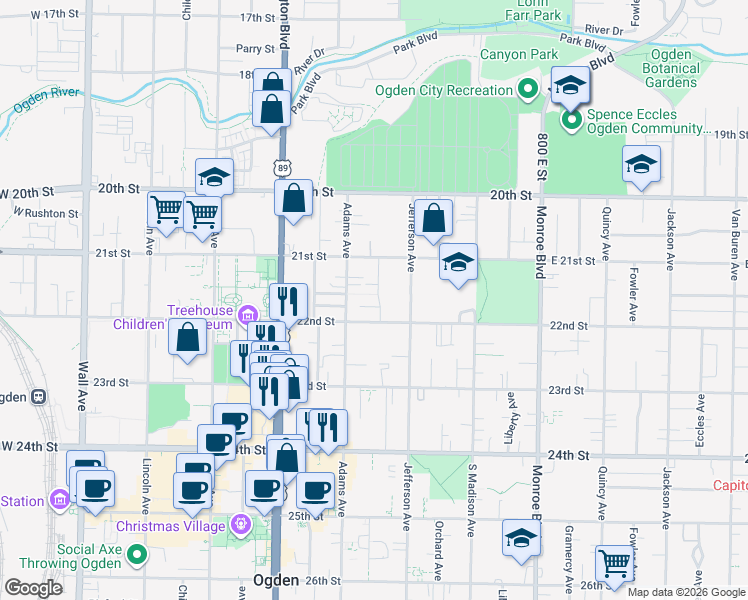 map of restaurants, bars, coffee shops, grocery stores, and more near 2170 Porter Avenue in Ogden