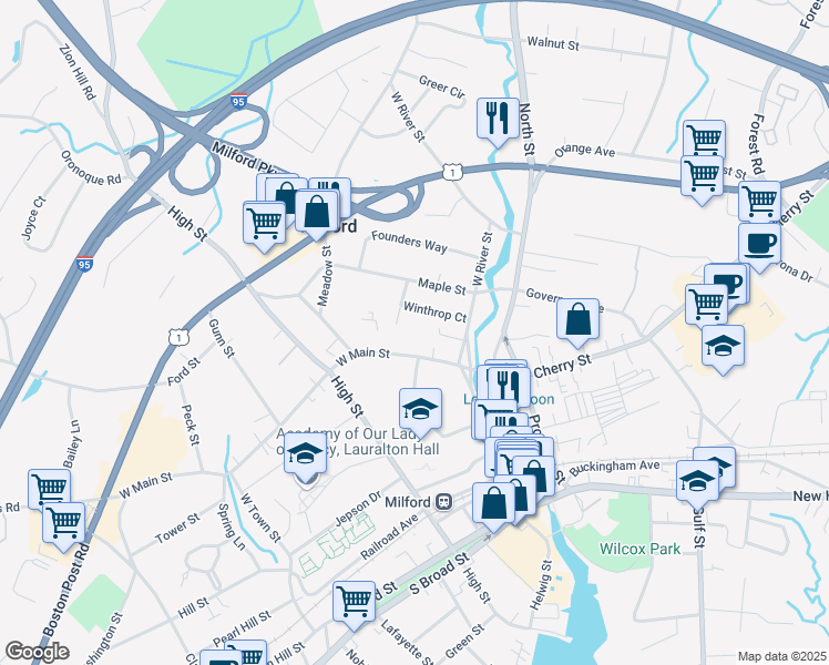 map of restaurants, bars, coffee shops, grocery stores, and more near 68 West Main Street in Milford
