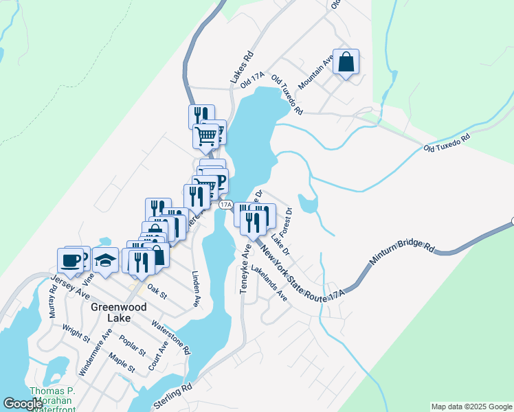 map of restaurants, bars, coffee shops, grocery stores, and more near 7 Shore Drive in Greenwood Lake