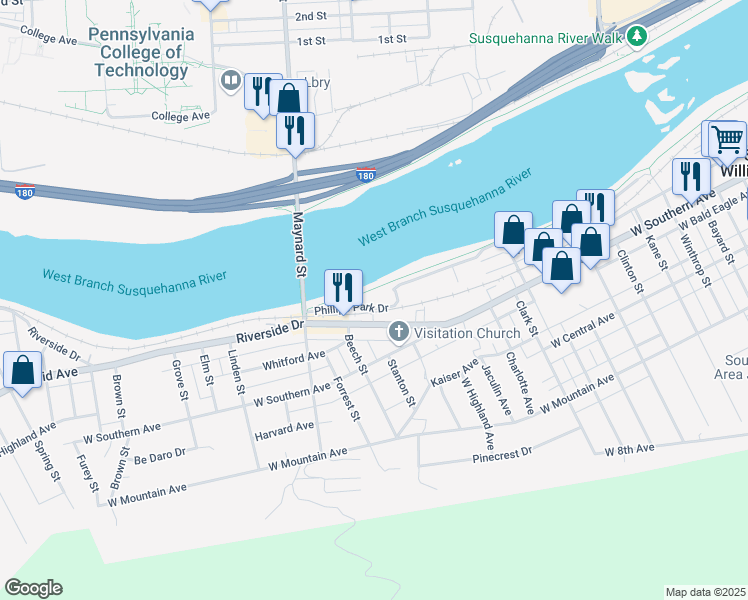 map of restaurants, bars, coffee shops, grocery stores, and more near 155 Phillips Park Drive in South Williamsport