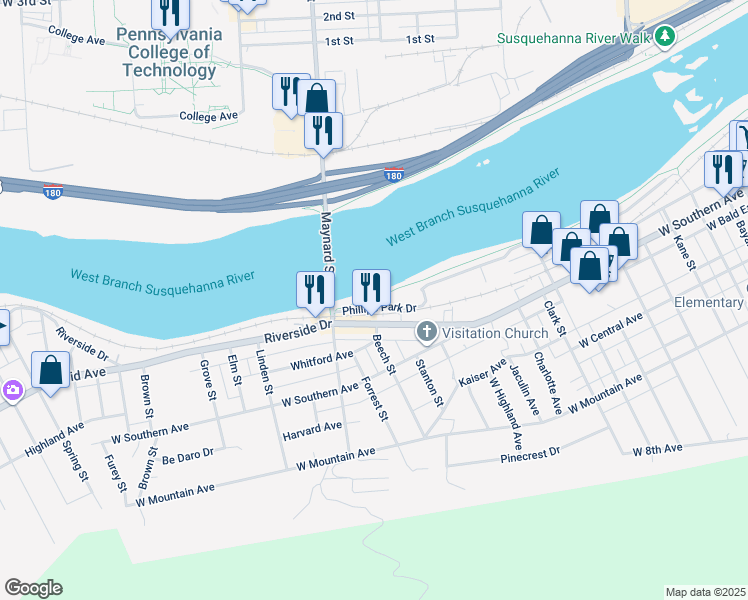 map of restaurants, bars, coffee shops, grocery stores, and more near 1734 Riverside Drive in South Williamsport