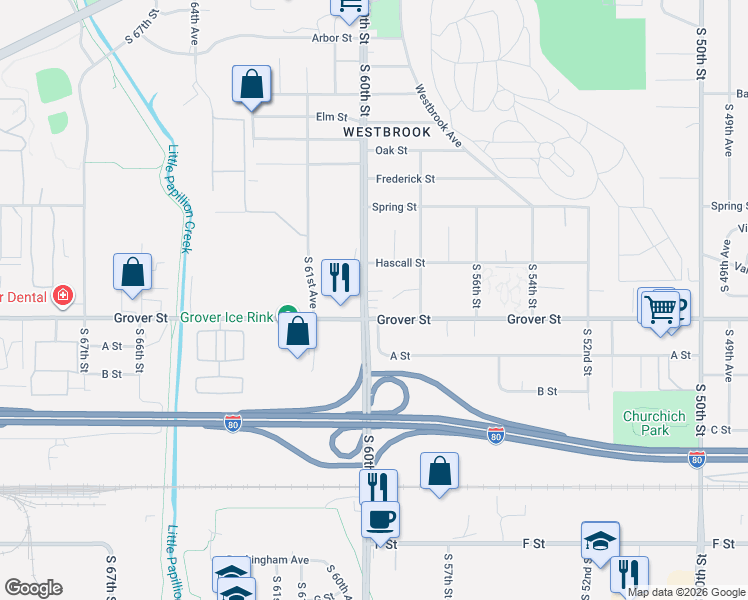 map of restaurants, bars, coffee shops, grocery stores, and more near 3437 South 60th Street in Omaha