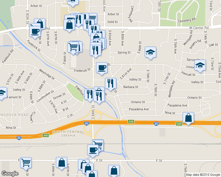 map of restaurants, bars, coffee shops, grocery stores, and more near 3480 South 82nd Street in Omaha