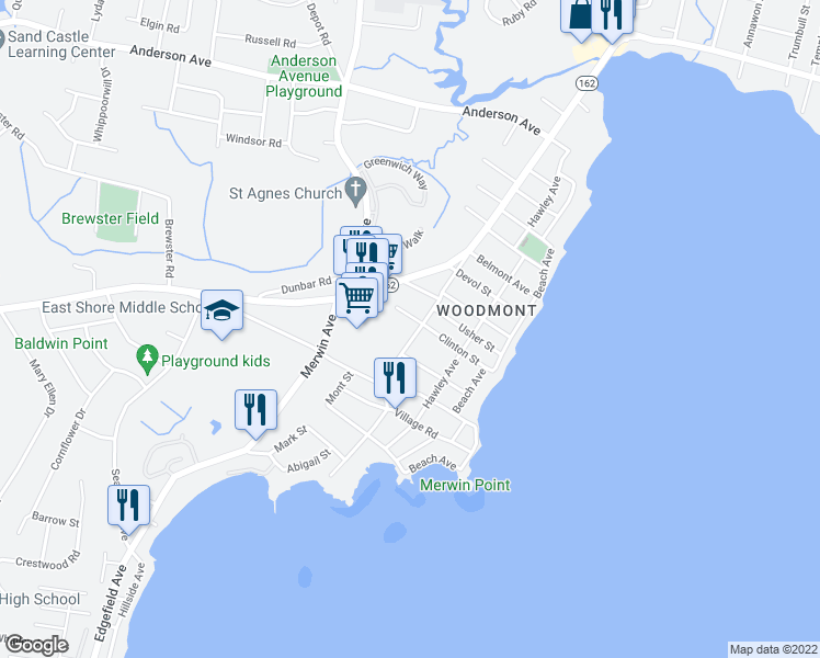map of restaurants, bars, coffee shops, grocery stores, and more near 118 Kings Highway in Milford
