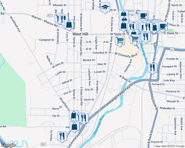 map of restaurants, bars, coffee shops, grocery stores, and more near 445 Lorain Street in Sharon