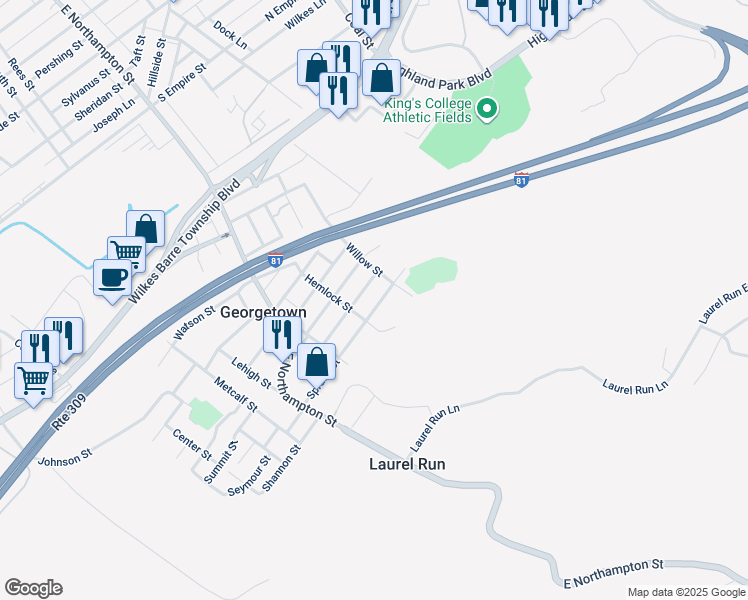 map of restaurants, bars, coffee shops, grocery stores, and more near 1110 Spruce Street in Georgetown