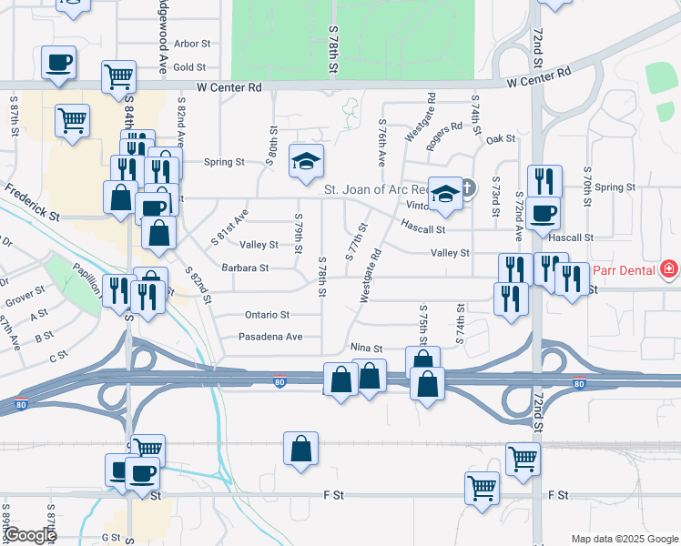 map of restaurants, bars, coffee shops, grocery stores, and more near 7710 Grover Street in Omaha