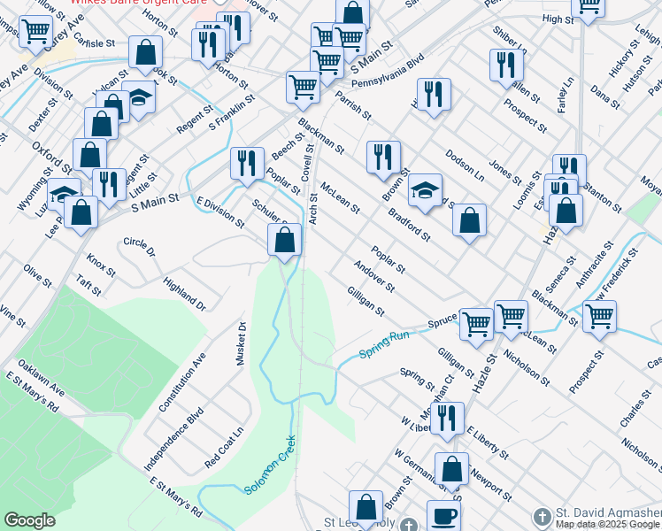 map of restaurants, bars, coffee shops, grocery stores, and more near 285 Brown Street in Wilkes-Barre