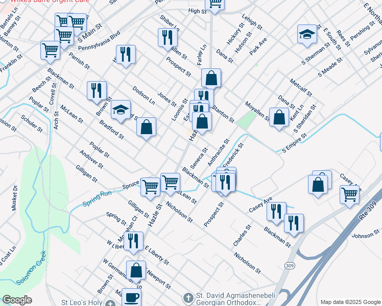 map of restaurants, bars, coffee shops, grocery stores, and more near 490-492 Hazle Street in Wilkes-Barre