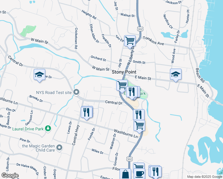map of restaurants, bars, coffee shops, grocery stores, and more near 12 James Street in Stony Point