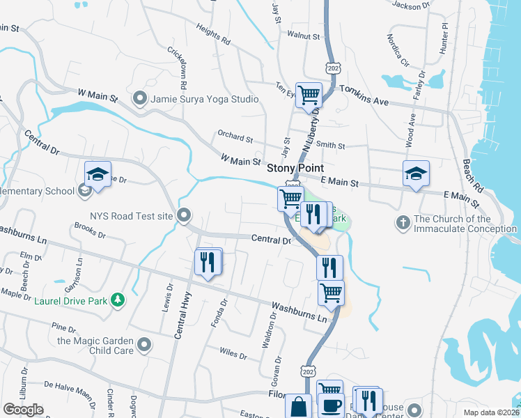 map of restaurants, bars, coffee shops, grocery stores, and more near 12 James Street in Stony Point