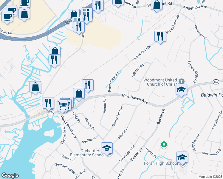 map of restaurants, bars, coffee shops, grocery stores, and more near 736 New Haven Avenue in Milford