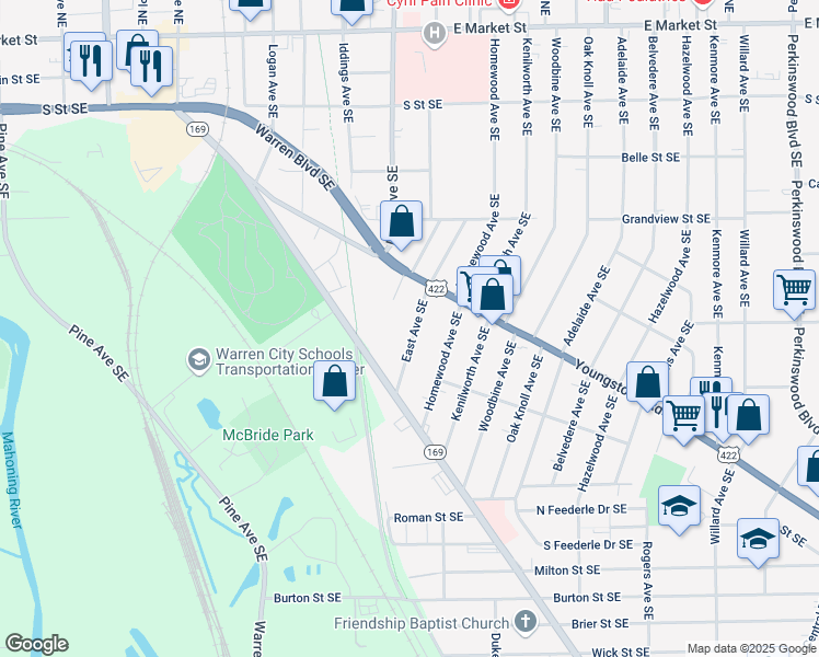 map of restaurants, bars, coffee shops, grocery stores, and more near 998 East Avenue Southeast in Warren