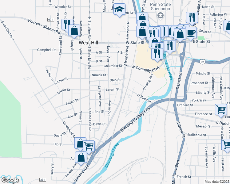 map of restaurants, bars, coffee shops, grocery stores, and more near 365 Lorain Street in Sharon