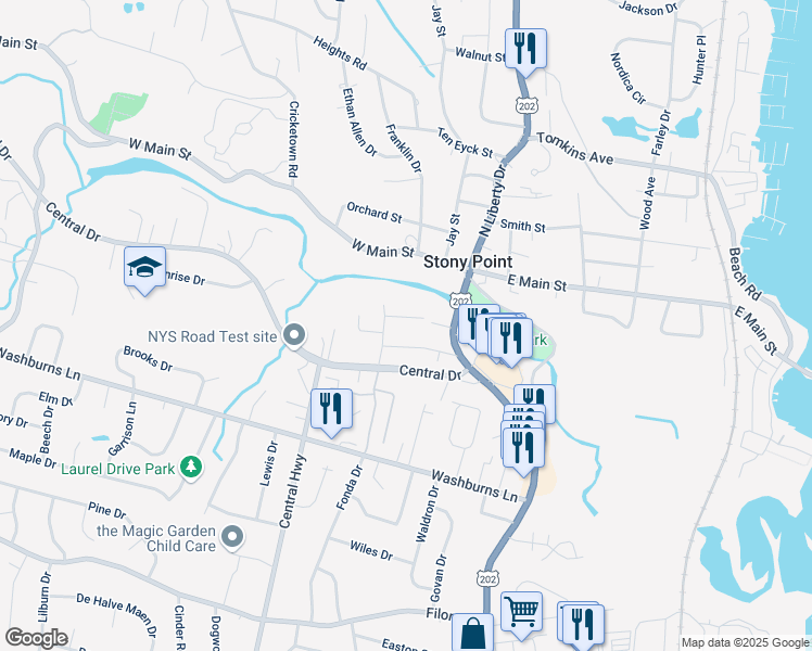 map of restaurants, bars, coffee shops, grocery stores, and more near 12 James Street in Stony Point