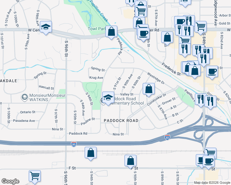 map of restaurants, bars, coffee shops, grocery stores, and more near 3325 South 91st Street in Omaha