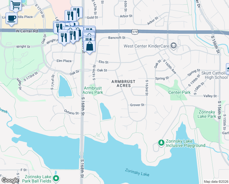 map of restaurants, bars, coffee shops, grocery stores, and more near 16572 Hascall Street in Omaha