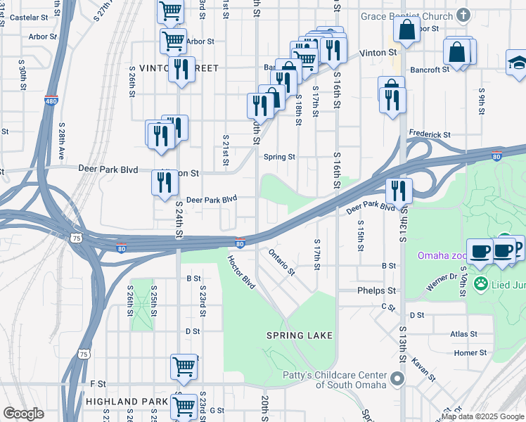 map of restaurants, bars, coffee shops, grocery stores, and more near 3322 South 19th Street in Omaha