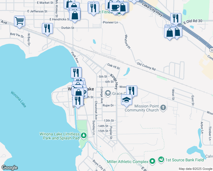 map of restaurants, bars, coffee shops, grocery stores, and more near 207 7th St in Winona Lake