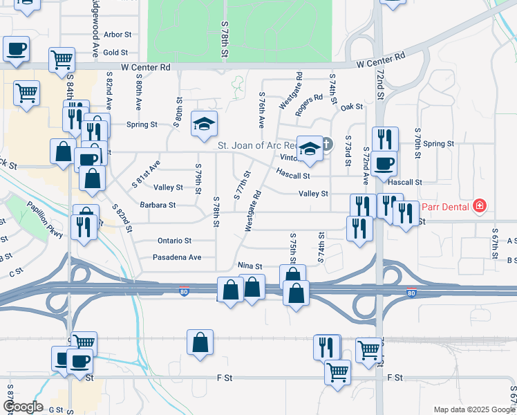 map of restaurants, bars, coffee shops, grocery stores, and more near 3433 Westgate Road in Omaha