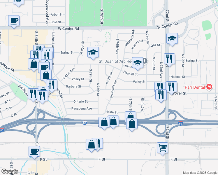 map of restaurants, bars, coffee shops, grocery stores, and more near 7710 Grover Street in Omaha