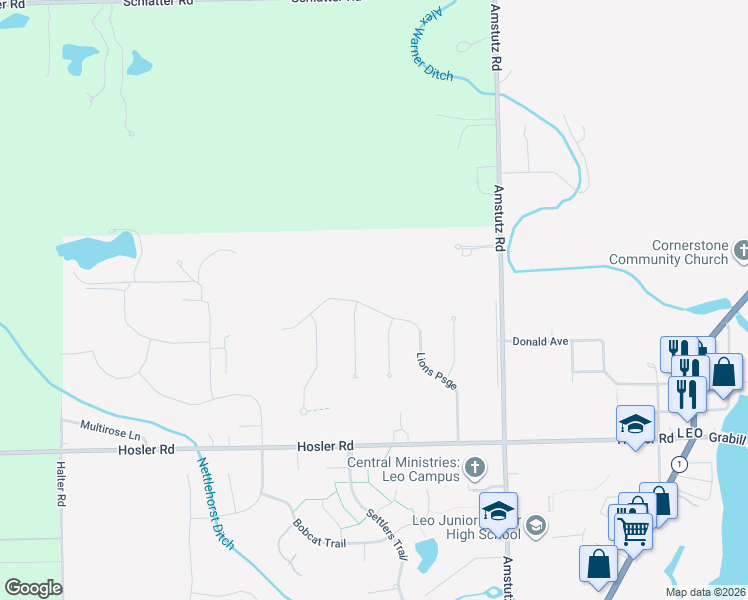 map of restaurants, bars, coffee shops, grocery stores, and more near 9519 Poplar Creek Place in Leo-Cedarville