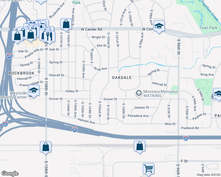 map of restaurants, bars, coffee shops, grocery stores, and more near 10116 Valley Circle in Omaha
