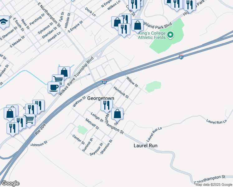 map of restaurants, bars, coffee shops, grocery stores, and more near 50 Marcy Street in Georgetown